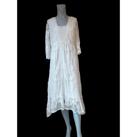 Women's M Reba White  High Low Floral Mesh‎ Overlay Dress Boho Wedding Nwot - Picture 1 of 11
